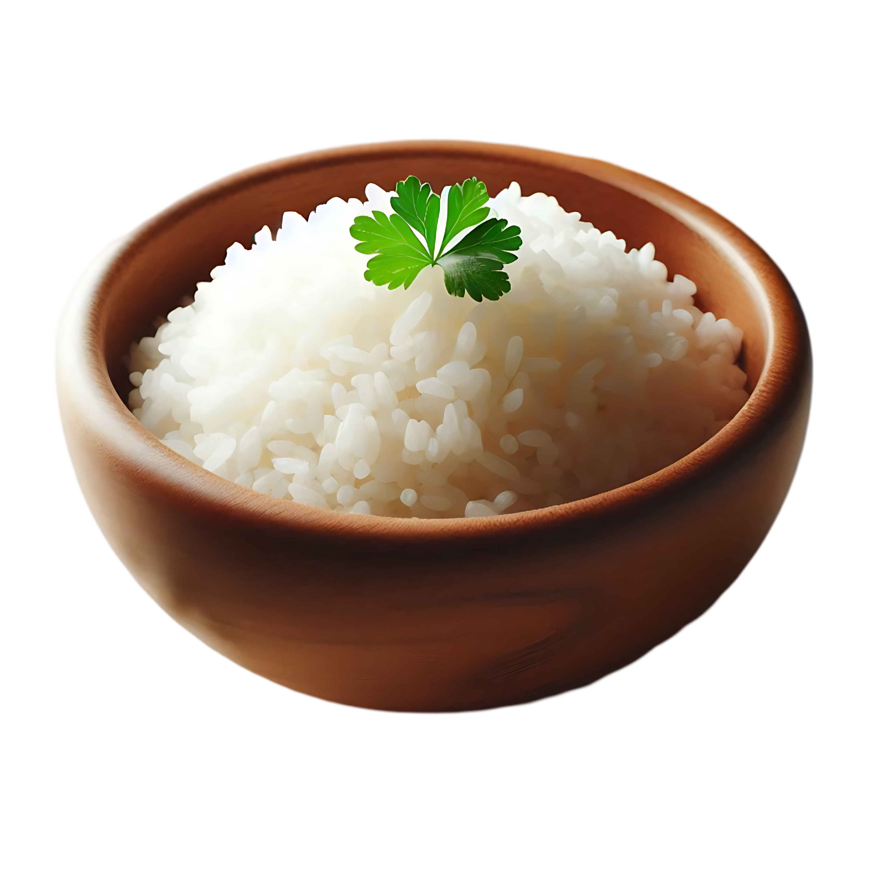 A wooden bowl filled with white rice